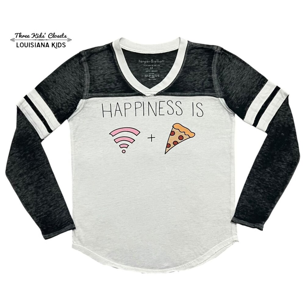 Harper & Elliott 16Y Stripe Long Sleeve Happiness is Wi-Fi + Pizza Shirt